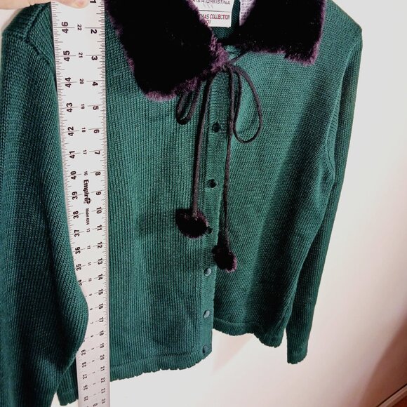 Vintage Marisa Christina Drk Green Cardigan Faux Fur Collar W Pom Christmas 2001 - Picture 13 of 15